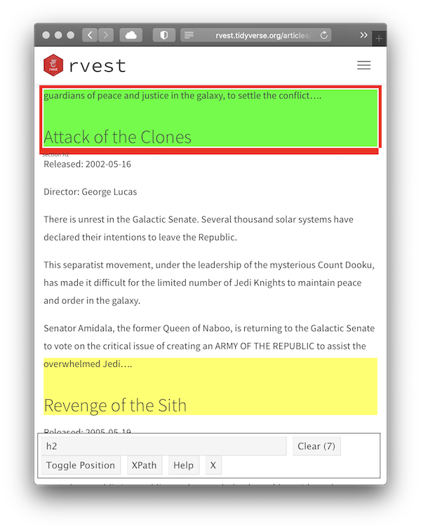A screenshot of the starwars vignette with an green box around the heading "Attack of the Clones". SelectorGadget reports that a css selector of "h2" selects this element.