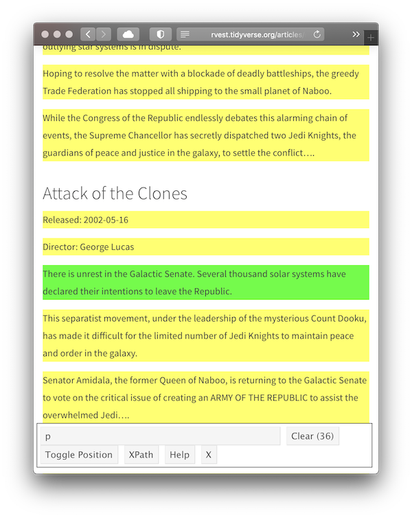 A screenshot of the starwars vignette with an green box around the paragraph that begins "There is unrest in the Galactic Senate" Every other paragraph is coloured yellow.